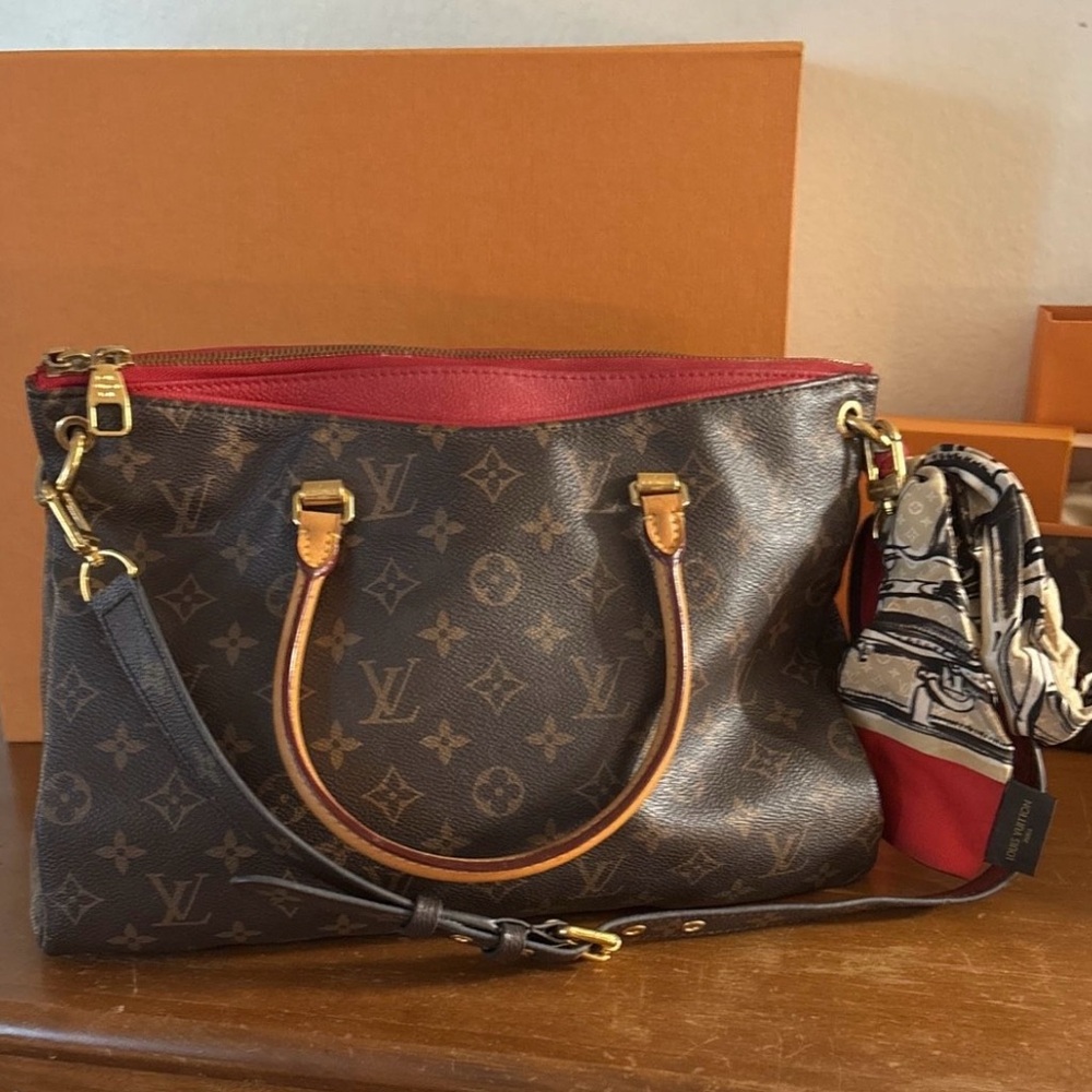 Louis Vuitton bag, wallet, scarf. Authentication, boxes, dust bags and store bag